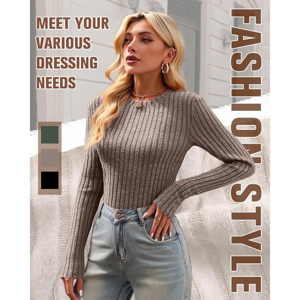 Women's Ribbed Sweater Tops 3 Pack Fitted Long Sleeve Crew Neck Thermal - Picture 4 of 5